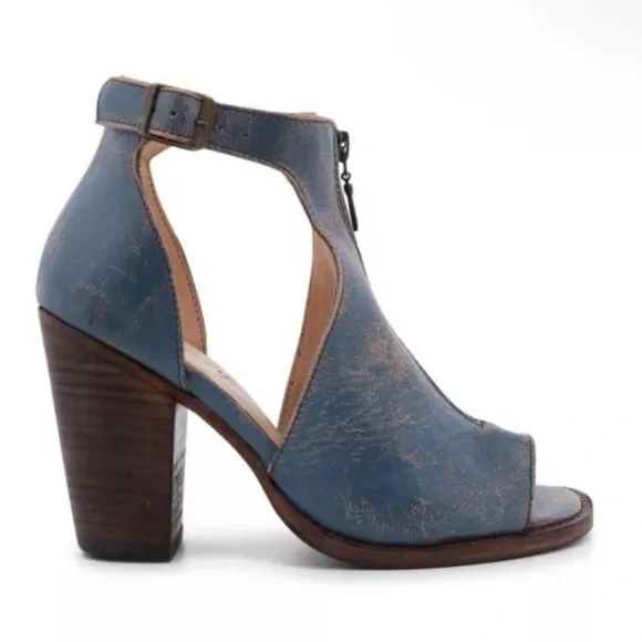 Bed Stu blue Olena zip front peep toe block heels SZ. 6 - Picture 1 of 15